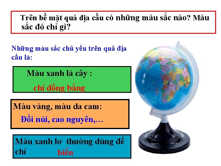 Trên bề mặt quả địa cầu có những màu sắc nào? Màu sắc đó