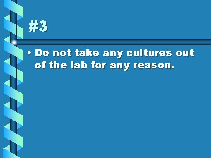 #3 • Do not take any cultures out of the lab for any reason.