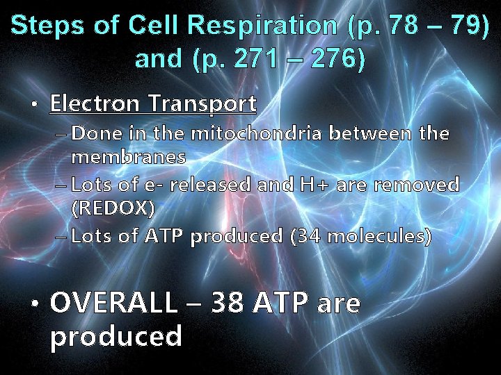 Steps of Cell Respiration (p. 78 – 79) and (p. 271 – 276) •