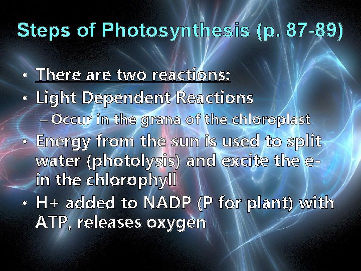 Steps of Photosynthesis (p. 87 -89) • There are two reactions: • Light Dependent