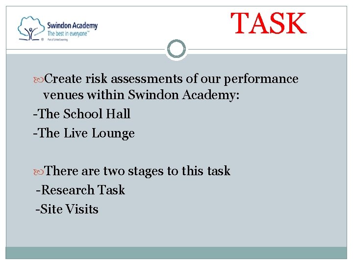 TASK Create risk assessments of our performance venues within Swindon Academy: -The School Hall