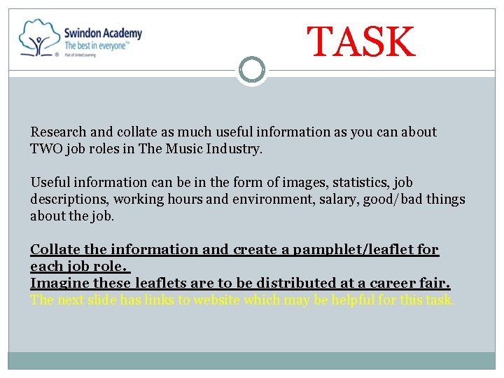 TASK Research and collate as much useful information as you can about TWO job