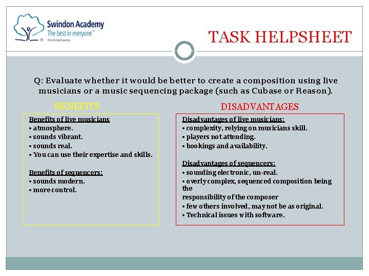 TASK HELPSHEET Q: Evaluate whether it would be better to create a composition using