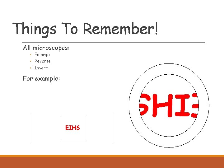 Things To Remember! All microscopes: ◦ Enlarge ◦ Reverse ◦ Invert For example: EIHS Things To Remember! All microscopes: ◦ Enlarge ◦ Reverse ◦ Invert For example: EIHS