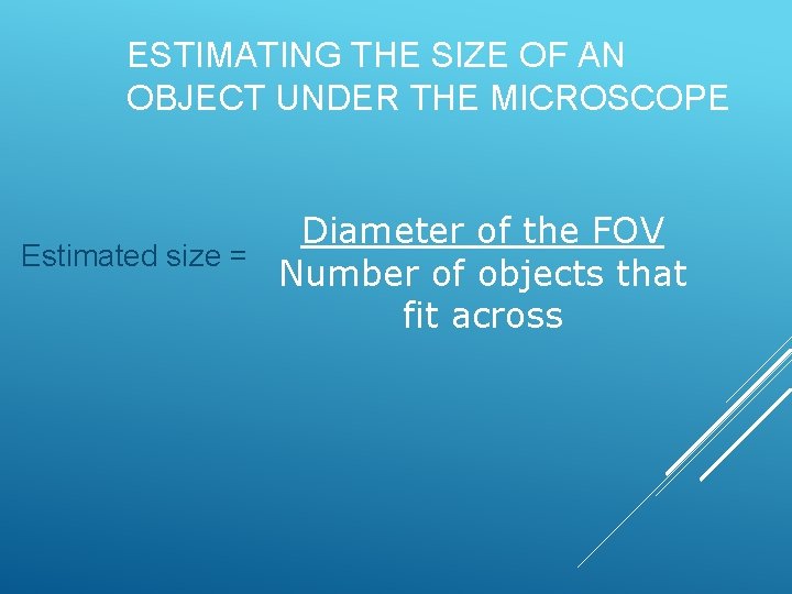 ESTIMATING THE SIZE OF AN OBJECT UNDER THE MICROSCOPE Diameter of the FOV Estimated ESTIMATING THE SIZE OF AN OBJECT UNDER THE MICROSCOPE Diameter of the FOV Estimated