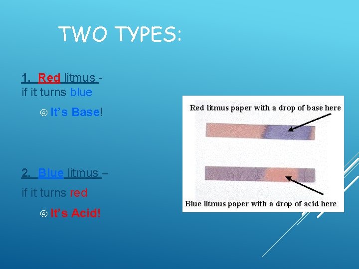 TWO TYPES: 1. Red litmus if it turns blue It’s Base! 2. Blue litmus TWO TYPES: 1. Red litmus if it turns blue It’s Base! 2. Blue litmus