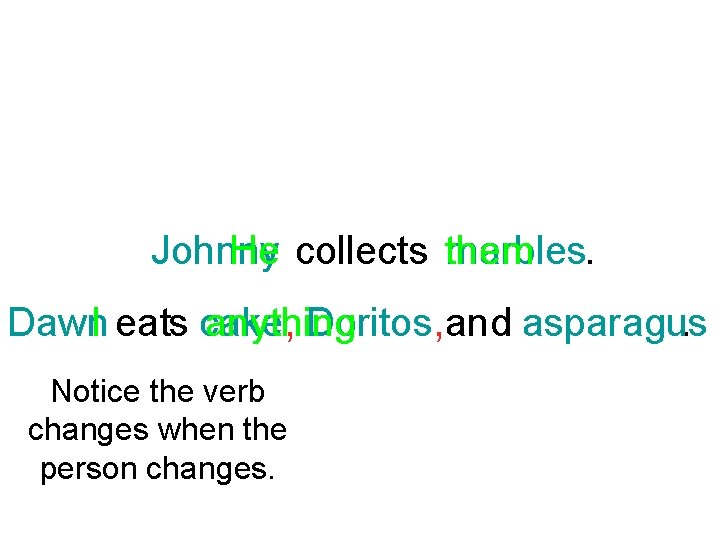 Johnny He collects marbles them. Dawn. I eats cake, anything Doritos, and asparagus. Notice