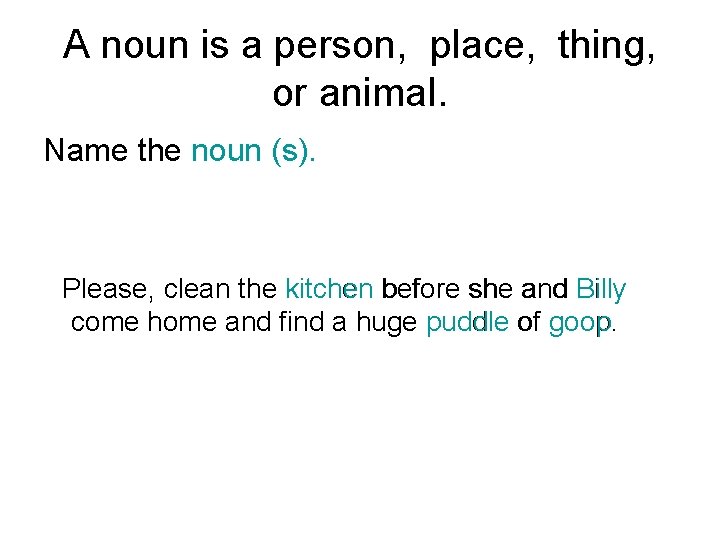 A noun is a person, place, thing, or animal. Name the noun (s). Please,