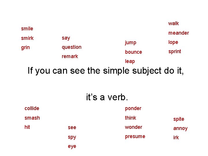 walk smile smirk say grin question remark meander jump lope bounce sprint leap If