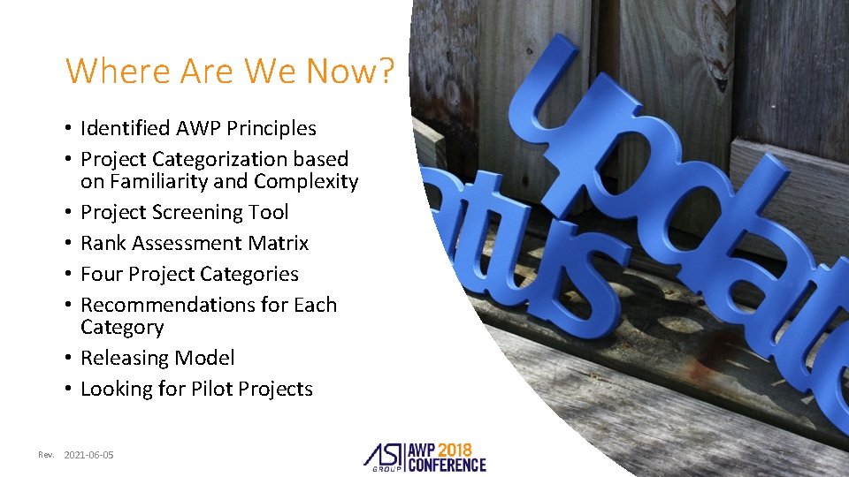 Where Are We Now? • Identified AWP Principles • Project Categorization based on Familiarity