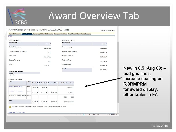 Award Overview Tab New in 8. 5 (Aug 09) – add grid lines, increase