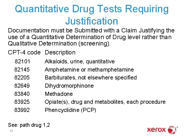 Quantitative Drug Tests Requiring Justification Documentation must be Submitted with a Claim Justifying the