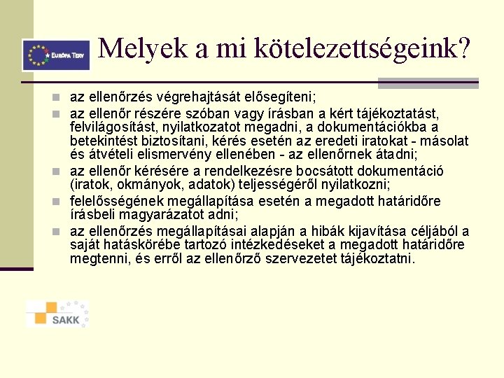 Melyek a mi kötelezettségeink? n az ellenőrzés végrehajtását elősegíteni; n az ellenőr részére szóban Melyek a mi kötelezettségeink? n az ellenőrzés végrehajtását elősegíteni; n az ellenőr részére szóban