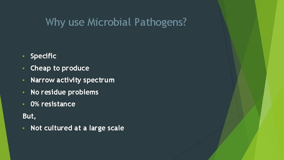 Why use Microbial Pathogens? • Specific • Cheap to produce • Narrow activity spectrum