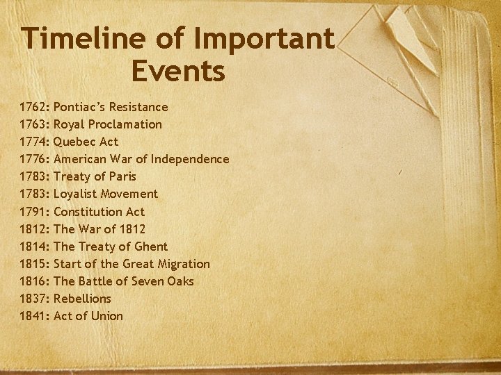 Timeline of Important Events 1762: 1763: 1774: 1776: 1783: 1791: 1812: 1814: 1815: 1816: