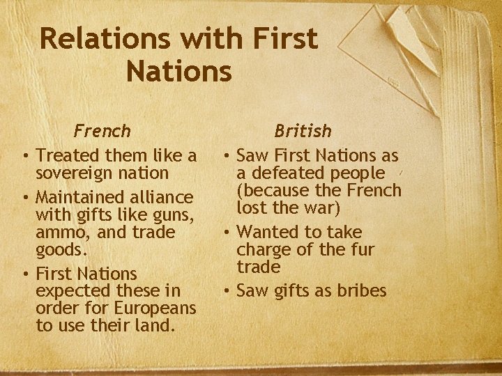 Relations with First Nations French • Treated them like a sovereign nation • Maintained