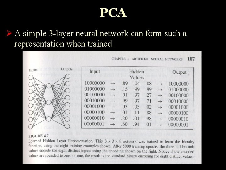 PCA Ø A simple 3 -layer neural network can form such a representation when