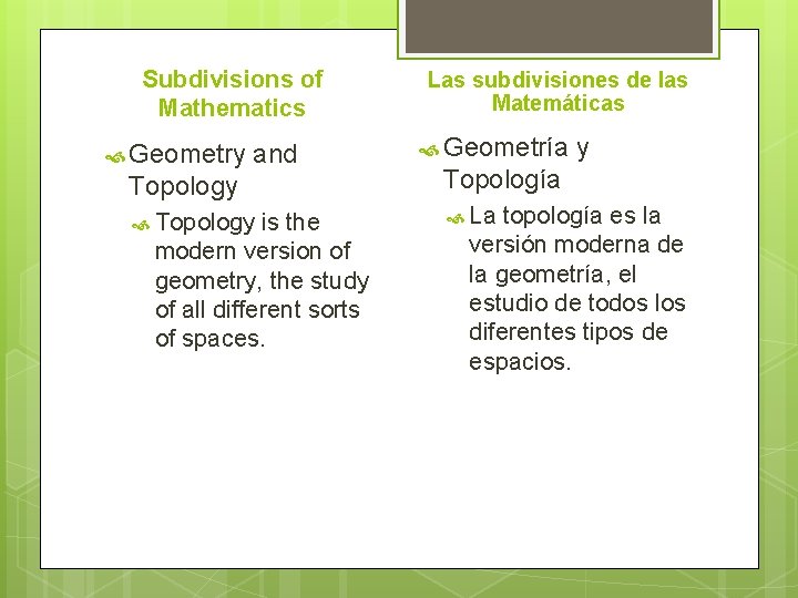 Subdivisions of Mathematics Geometry and Las subdivisiones de las Matemáticas Geometría Topology Topología Topology