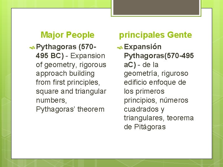 Major People Pythagoras (570495 BC) - Expansion of geometry, rigorous approach building from first