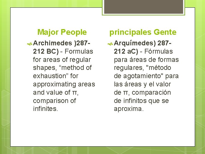 Major People Archimedes )287212 BC) - Formulas for areas of regular shapes, “method of