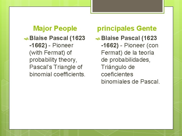 Major People Blaise Pascal (1623 -1662) - Pioneer (with Fermat) of probability theory, Pascal’s