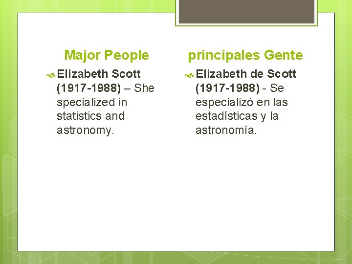 Major People Elizabeth Scott (1917 -1988) – She specialized in statistics and astronomy. principales