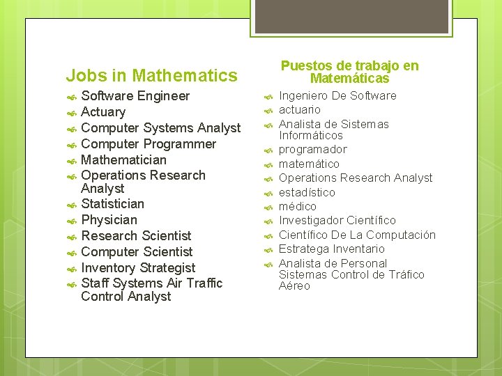 Puestos de trabajo en Matemáticas Jobs in Mathematics Software Engineer Actuary Computer Systems Analyst