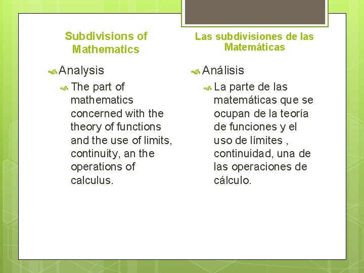 Subdivisions of Mathematics Analysis The part of mathematics concerned with theory of functions and