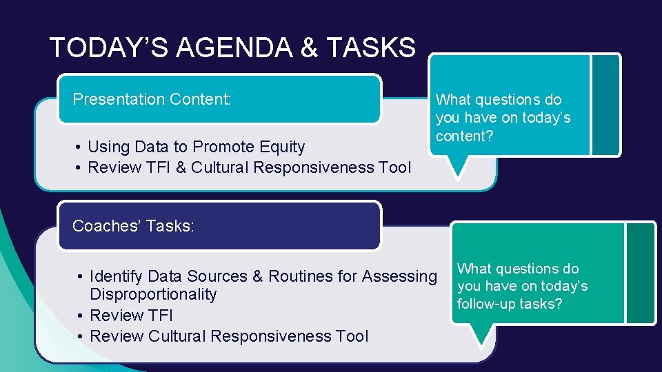 TODAY’S AGENDA & TASKS Presentation Content: • Using Data to Promote Equity • Review