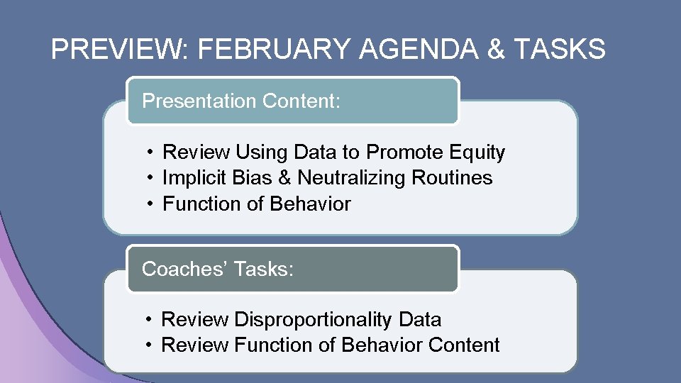PREVIEW: FEBRUARY AGENDA & TASKS Presentation Content: • Review Using Data to Promote Equity