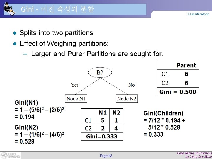 Gini – 이진 속성의 분할 Classification Page 42 Data Mining & Practices by Yang-Sae