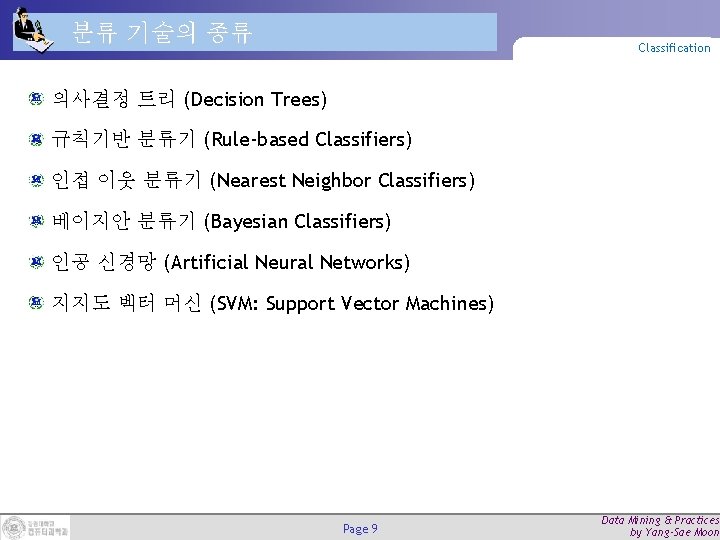 분류 기술의 종류 Classification 의사결정 트리 (Decision Trees) 규칙기반 분류기 (Rule-based Classifiers) 인접 이웃