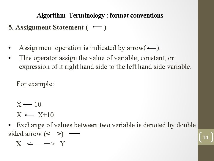 Algorithm Terminology : format conventions 5. Assignment Statement ( • • ) Assignment operation