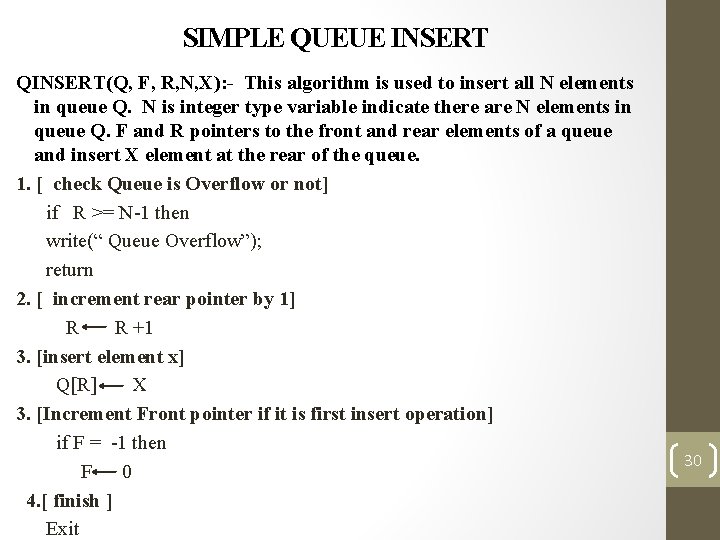 SIMPLE QUEUE INSERT QINSERT(Q, F, R, N, X): - This algorithm is used to