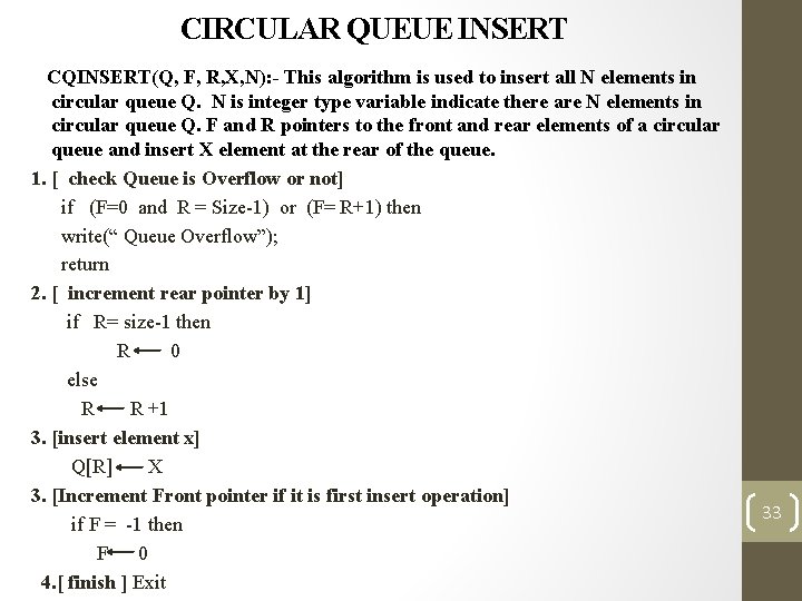 CIRCULAR QUEUE INSERT CQINSERT(Q, F, R, X, N): - This algorithm is used to