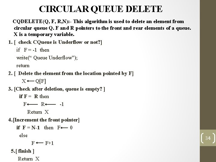 CIRCULAR QUEUE DELETE CQDELETE(Q, F, R, N): - This algorithm is used to delete