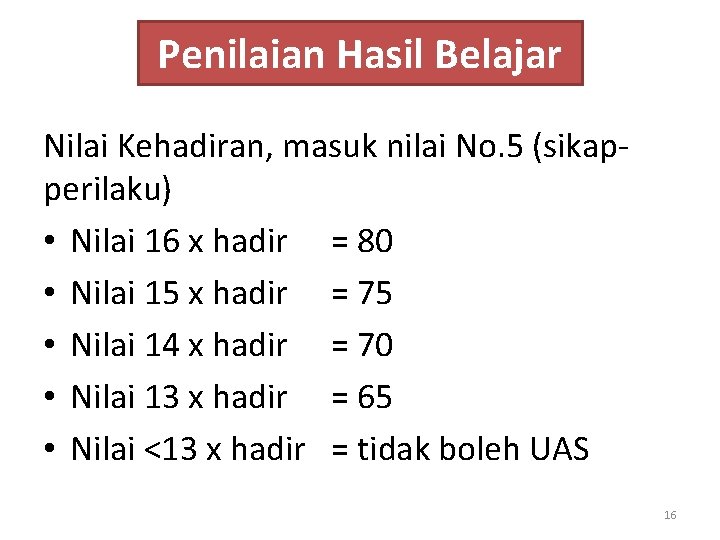 Penilaian Hasil Belajar Nilai Kehadiran, masuk nilai No. 5 (sikapperilaku) • Nilai 16 x