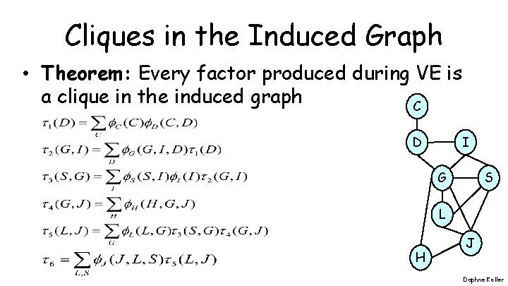 Cliques in the Induced Graph • Theorem: Every factor produced during VE is a