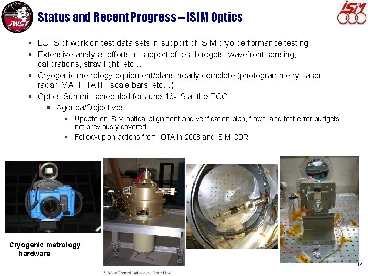 Status and Recent Progress – ISIM Optics § LOTS of work on test data