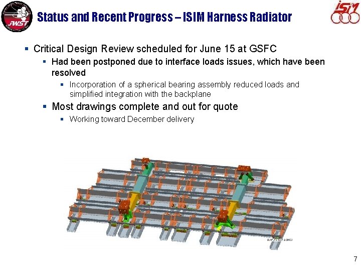 Status and Recent Progress – ISIM Harness Radiator § Critical Design Review scheduled for