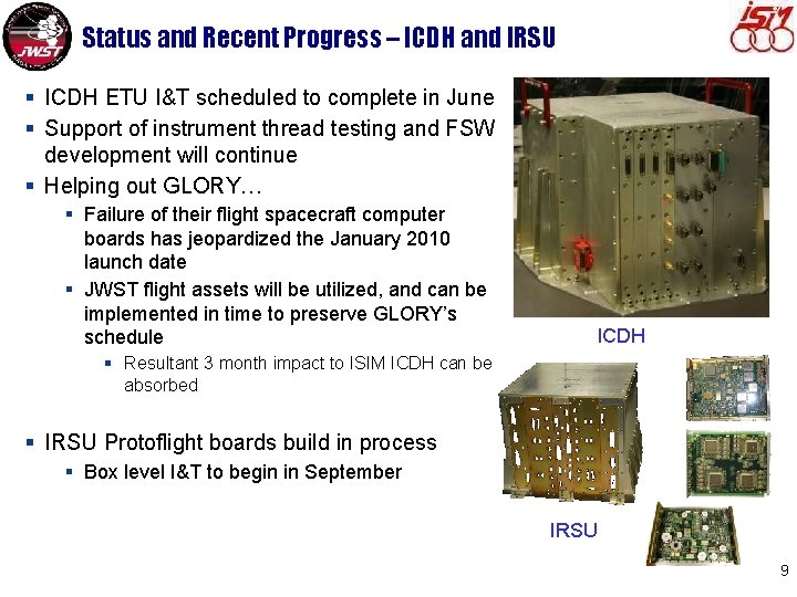 Status and Recent Progress – ICDH and IRSU § ICDH ETU I&T scheduled to