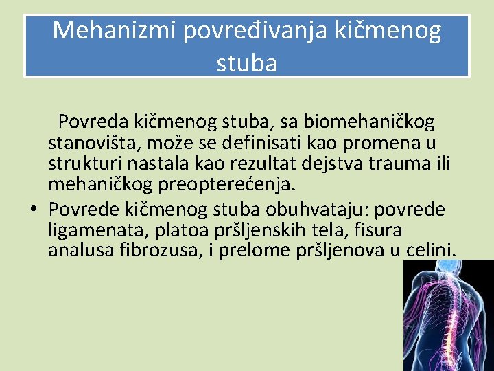 Mehanizmi povređivanja kičmenog stuba Povreda kičmenog stuba, sa biomehaničkog stanovišta, može se definisati kao