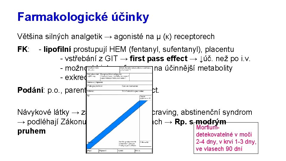 Farmakologické účinky Většina silných analgetik → agonisté na μ (κ) receptorech FK: - lipofilní