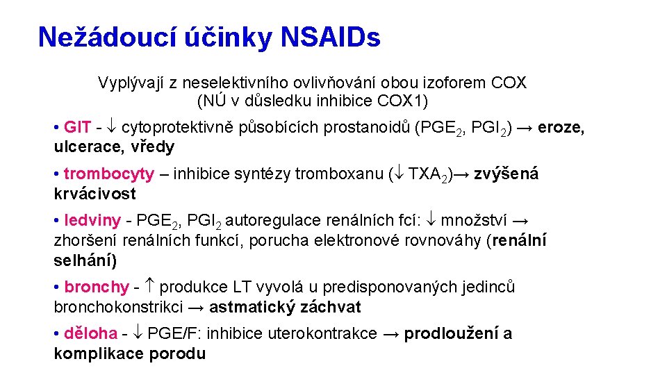 Nežádoucí účinky NSAIDs Vyplývají z neselektivního ovlivňování obou izoforem COX (NÚ v důsledku inhibice