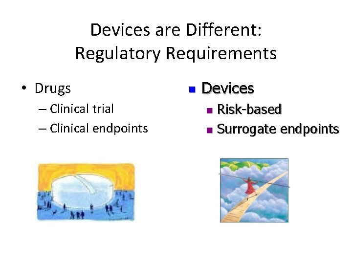 Devices are Different: Regulatory Requirements • Drugs – Clinical trial – Clinical endpoints n