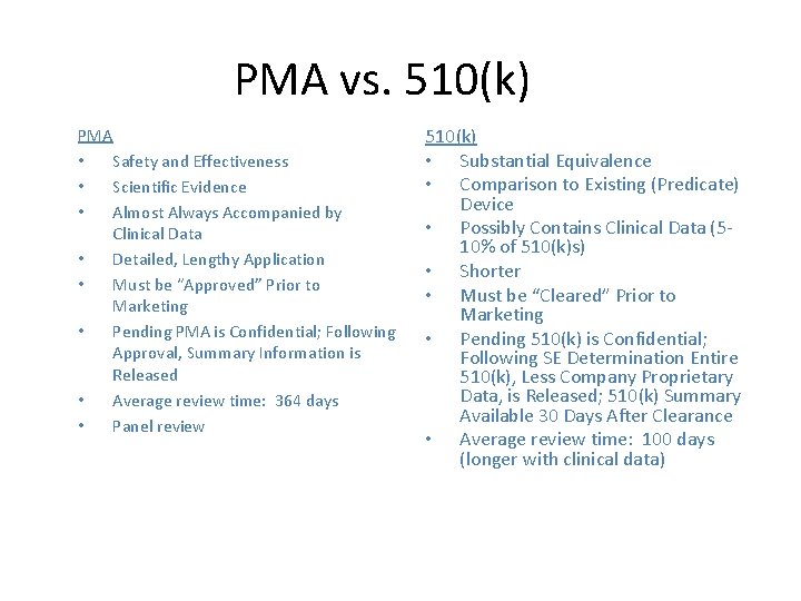 PMA vs. 510(k) PMA • Safety and Effectiveness • Scientific Evidence • Almost Always