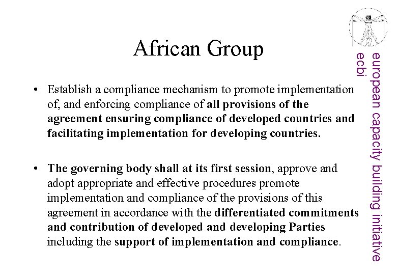 european capacity building initiative ecbi African Group • Establish a compliance mechanism to promote