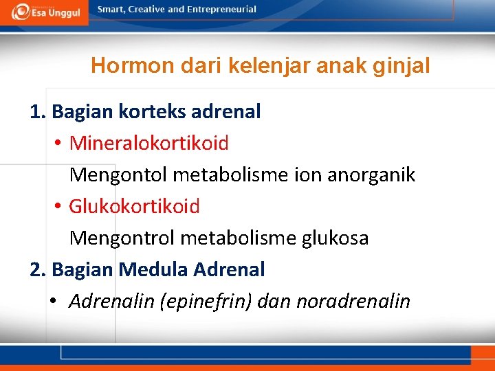 Hormon dari kelenjar anak ginjal 1. Bagian korteks adrenal • Mineralokortikoid Mengontol metabolisme ion