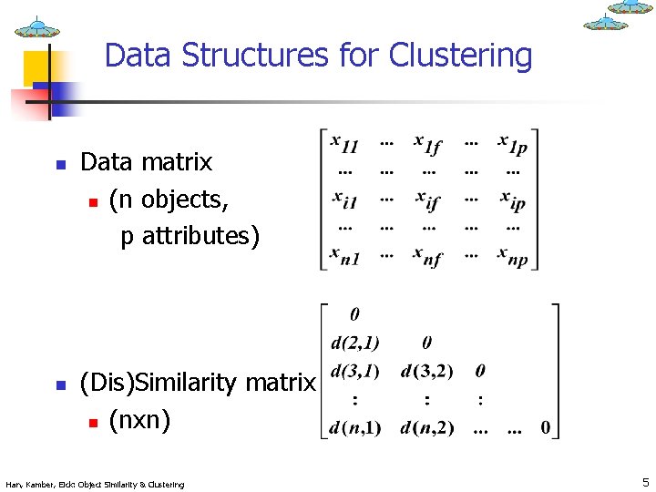 Data Structures for Clustering n n Data matrix n (n objects, p attributes) (Dis)Similarity