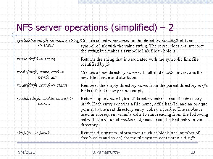 NFS server operations (simplified) – 2 symlink(newdirfh, newname, string)Creates an entry newname in the